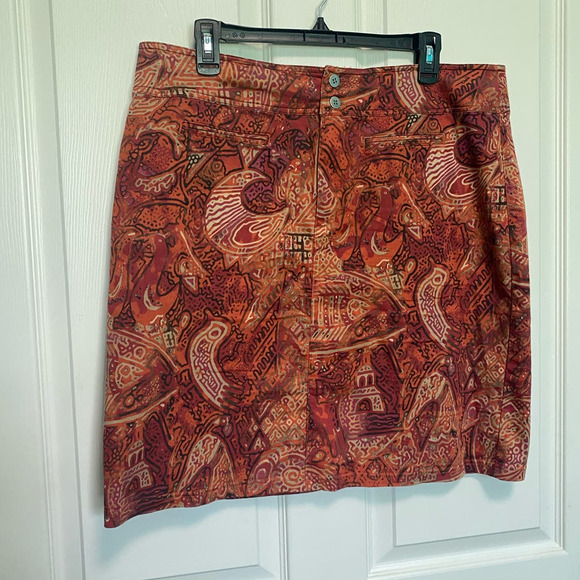 Chico’s Burnt Orange & Gold Abstract Print Mini Skirt XL - Picture 2 of 9